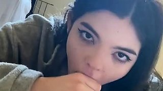 Big tit brunette sucks a big cock blowjob POV