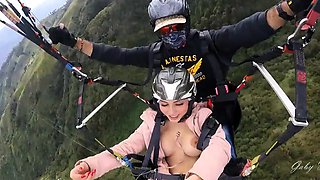 Young skydiver with big tits pleases herself with a pink toy