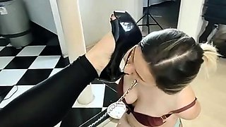 Brunette with foot fetish rubs big dick with her feet in POV