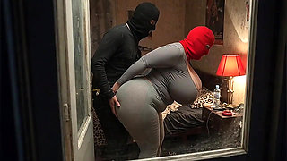 Big Tits Girl in Grey Outfit Gets Pressed from Behind by Boyfriend