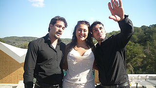 Threesome a Brunette Super After Outdoor Interview