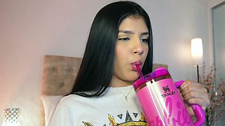 Busty curly brunette with big boobs fucks on couch
