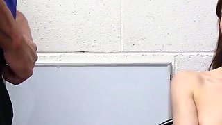 Submissive teenager does deep throat for officer in office