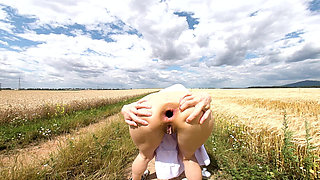 Hotkinkyjo in White Dress Self Anal Fisting & Prolapse on the Field Road