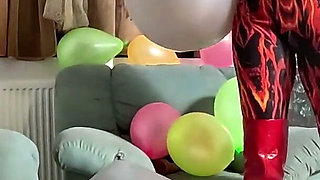 Dominant Red Downjacket MILF Balloon Humiliation. Failed Erection, Big Dildo Riding and Popping