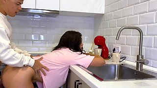 My roommate and I woke up horny and fucked in the kitchen