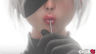 2b Nier Automata - Lollipop Pussy Rub & Big Dick Cumshot - Rule34 3D Animation