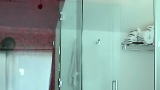 Pussy Licking in the Red Tiled Shower - Two Slim Brunettes Take It Dripping Into the Bed