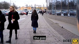 Debt4k. female pays debt for vr helmet by offering collector her vagina