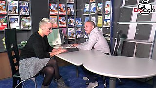 German short haired girlfriend seduces her boyfriend in the Office