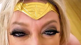 Blonde big tits milf Dee Williams POV costume deepthroat blowjob and cum swallow