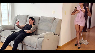 Caught Masturbating! Horny MILF Massages Her Pussy While Watching Her Stepson
