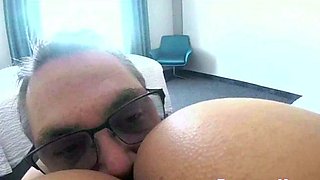 Sexy Babe Gives Blowjob and Rides Older Man
