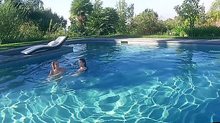 Blonde and Brunette Licking Pussy by the Pool