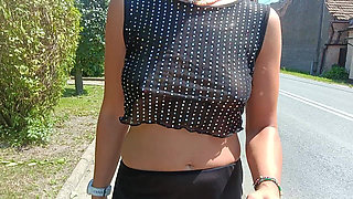 Walking Down the Street in a See-through Blouse Public Flashing of Tits and Pussy