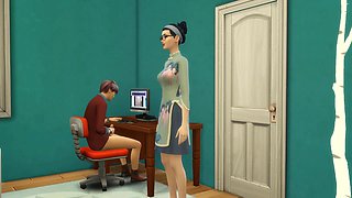 Asian step-mother catches her sonnie again fingering in his room watching a xxx video in front of the computer and she decided to help him by having sex with him