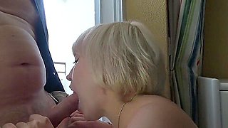 Sexy blonde sensually sucked cock to the hotel manager. He cum in mouth.