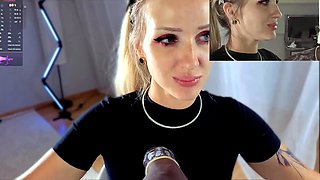 Sexy Blonde Deepthroating Huge Black Dildo with Gagging