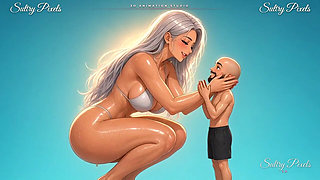 Giant Silver-haired Anime Babe Squats Down to Kiss Her Tiny Man
