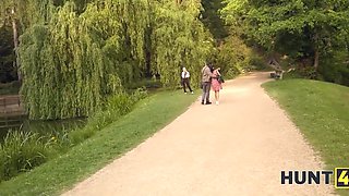 Slutty blonde offers BWC hunter her tight pussy as her cuckold BF watches