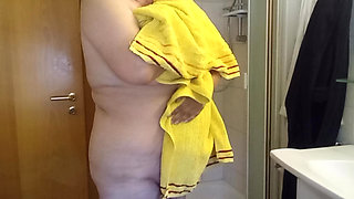 Drying naked in front of the mirror and bending down - POV Style