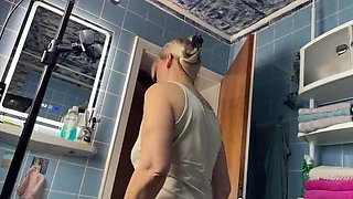 German MILF SweetSusi Piss Fetish - Hairy Blonde with Big Natural Tits Fucks Massive Cock in Bathroom