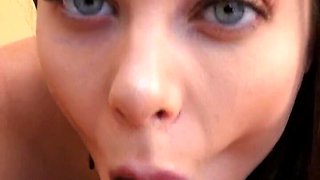 Lana Rhodes filmed in a close angle while giving a BJ