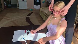 A timid scholar couldn't resist the teacher's cock, giving him an eager blowjob