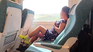 Young MILF with big natural tits gives risky public handjob on train in Barcelona - POV amateur outdoor sex
