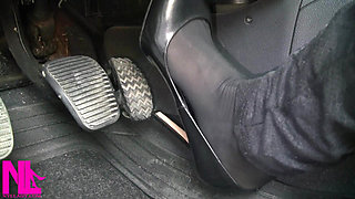 Revving and Driving in Black Pantyhose and Grey High Heels
