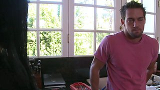 Tall, dark, and super sexy plumber unleashes big chested