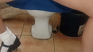 19 Year Old College Girl in Uniform Play with Vibrator in Mini Skirt in Toilet