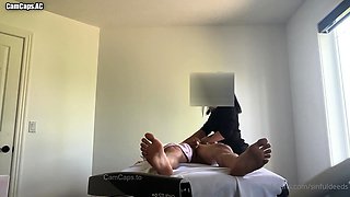Small titted brunette teen fingering on the bed